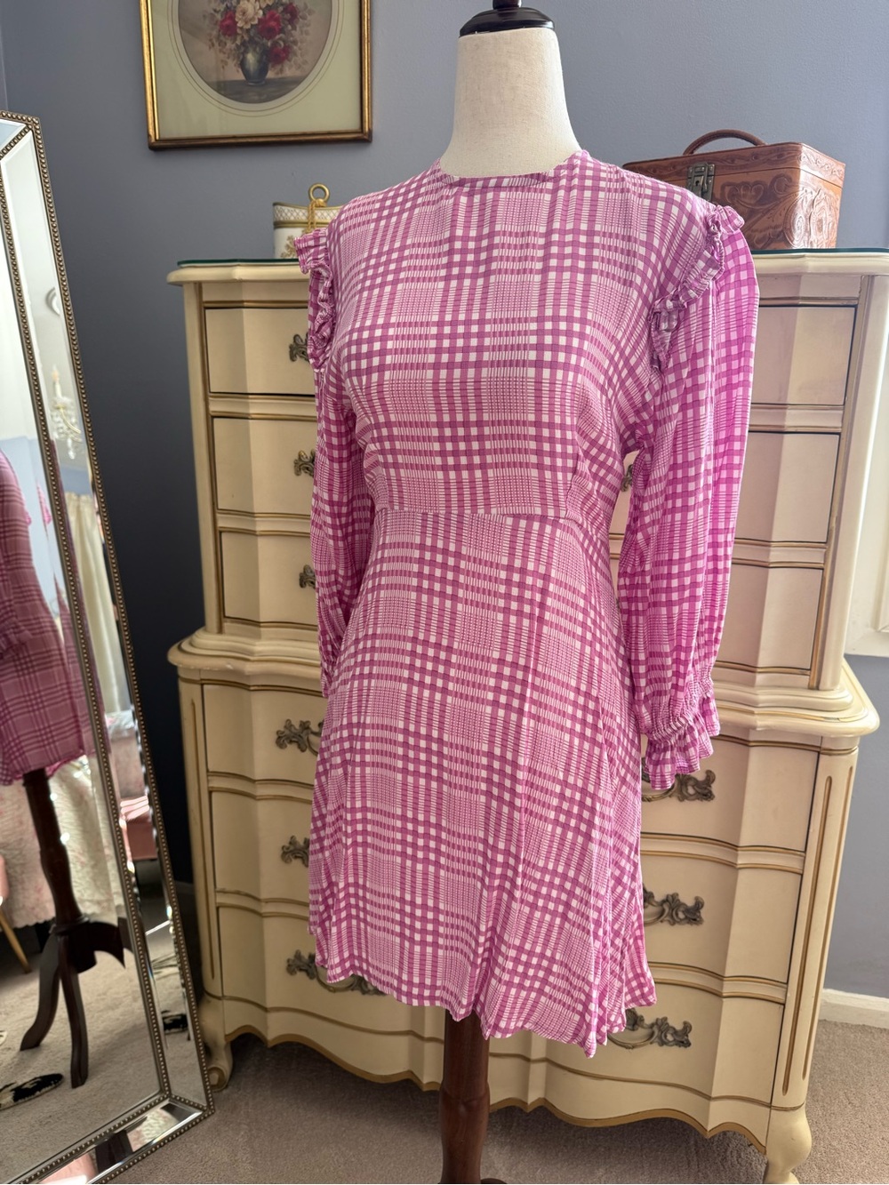 Faithfull The Brand Edwina Mini Dress in Iris Pink Djerra Check EUC Size 4/Small